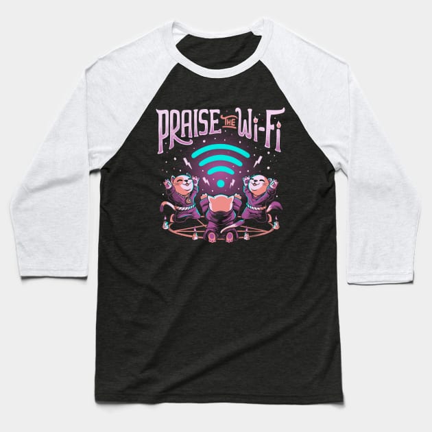 Praise the Wifi Funny Evil Worship Cats Baseball T-Shirt by eduely